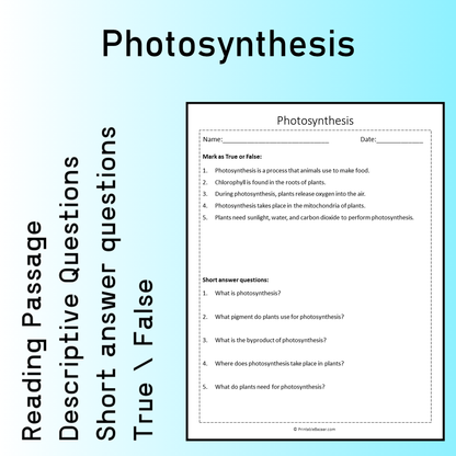 Photosynthesis | Reading Comprehension Passage Printable Worksheet