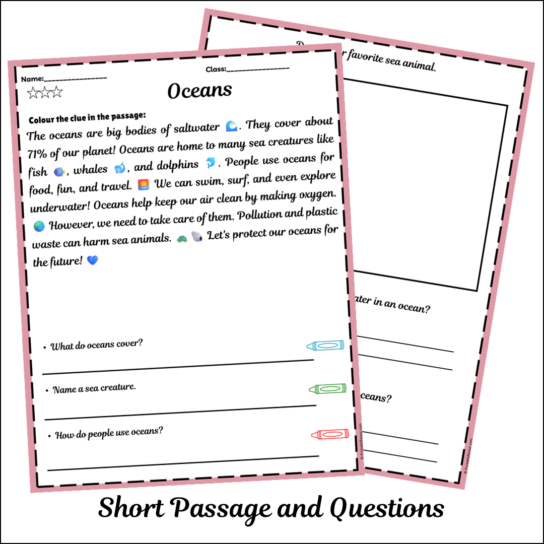 Oceans | Short Reading Comprehension Creative Worksheet