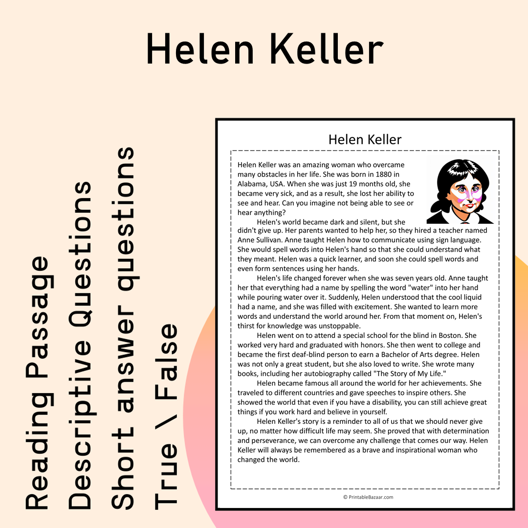 Helen Keller | Reading Comprehension Passage Printable Activity