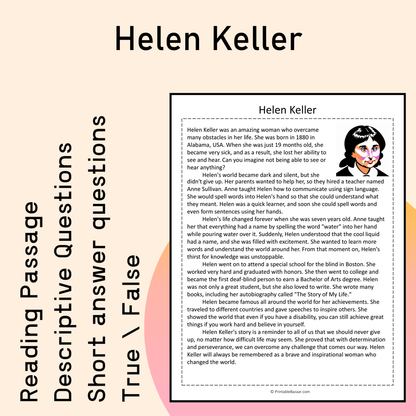 Helen Keller | Reading Comprehension Passage Printable Activity
