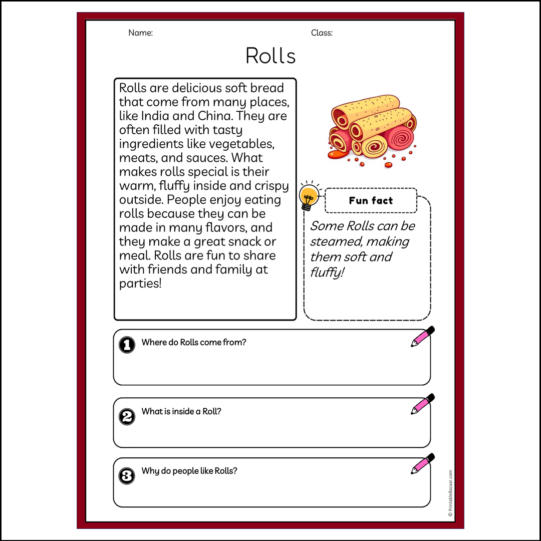 Rolls | Reading Passage Comprehension Questions Writing Facts Worksheet