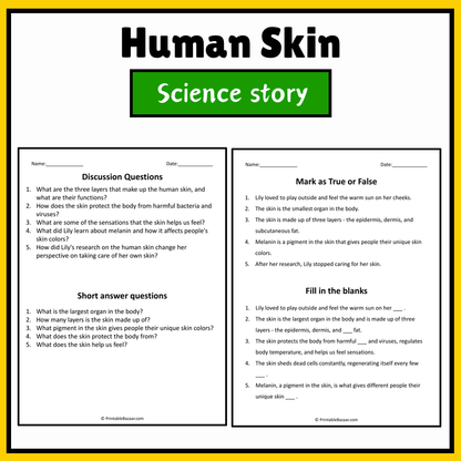 Human Skin | Science Story Reading Comprehension Activity