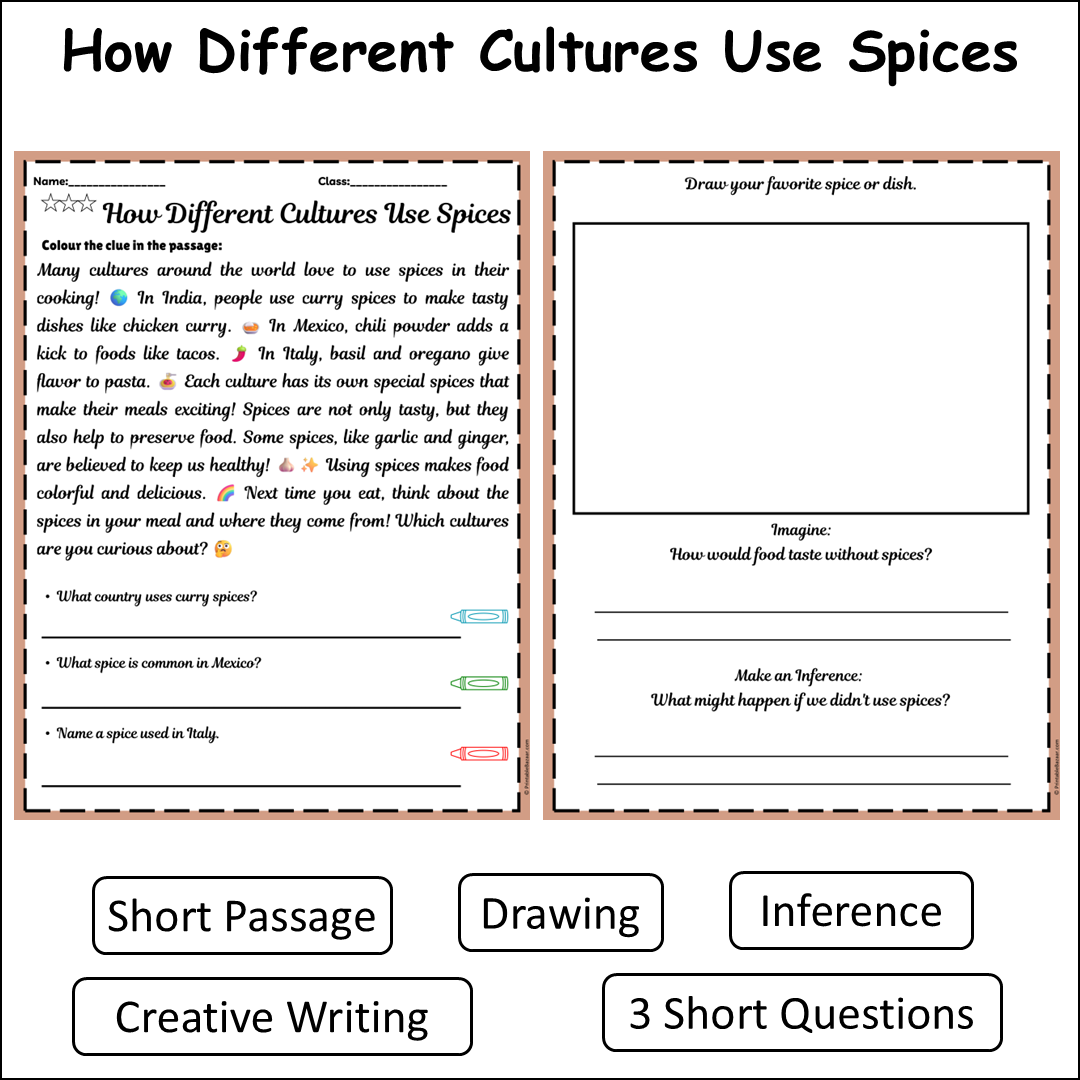 How Different Cultures Use Spices | Short Reading Comprehension Creative Worksheet