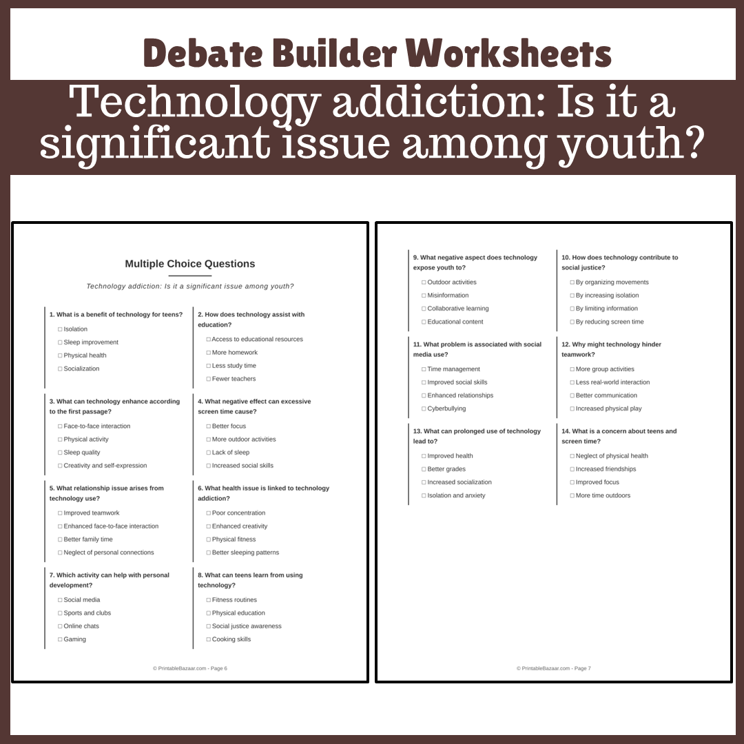 Technology addiction: Is it a significant issue among youth? | Favour and Against Worksheet Printable Activity