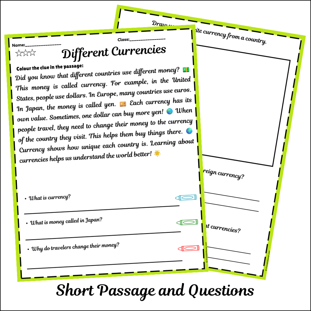 Different Currencies | Short Reading Comprehension Creative Worksheet