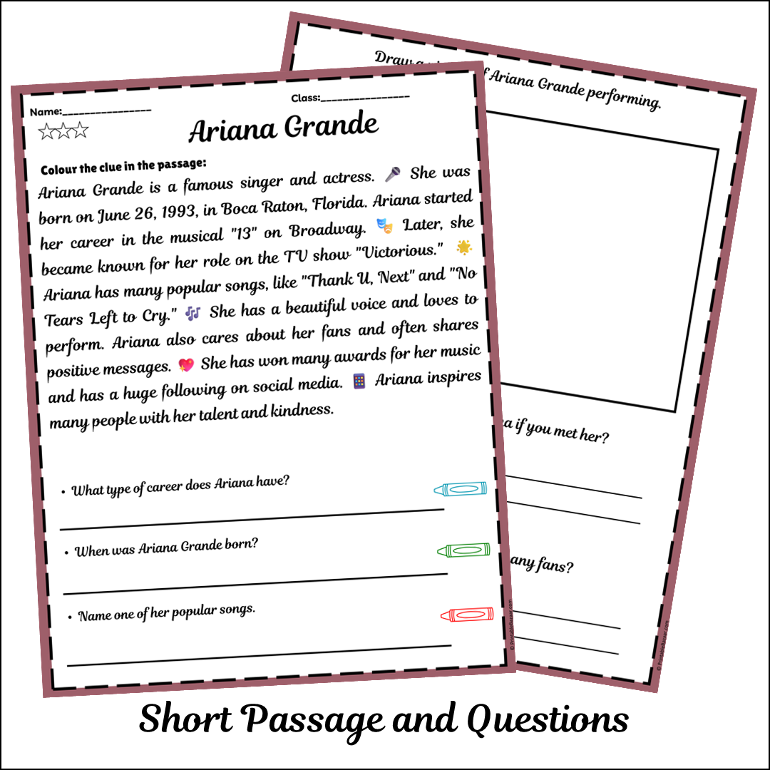 Ariana Grande | Short Reading Comprehension Creative Worksheet