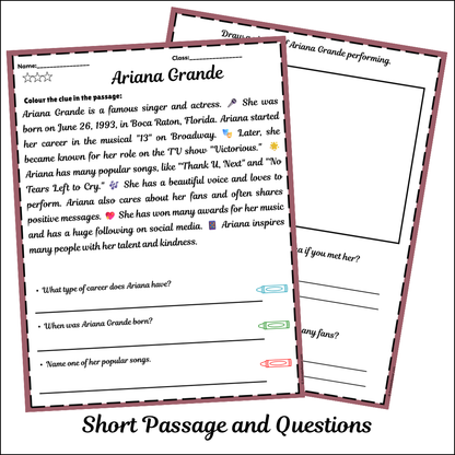 Ariana Grande | Short Reading Comprehension Creative Worksheet