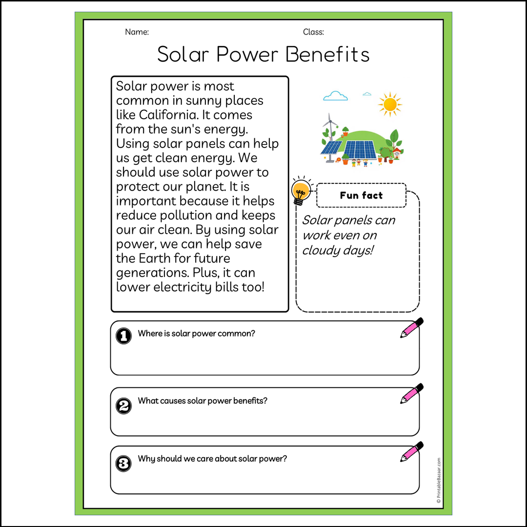 Solar Power Benefits | Reading Passage Comprehension Questions Writing Facts Worksheet