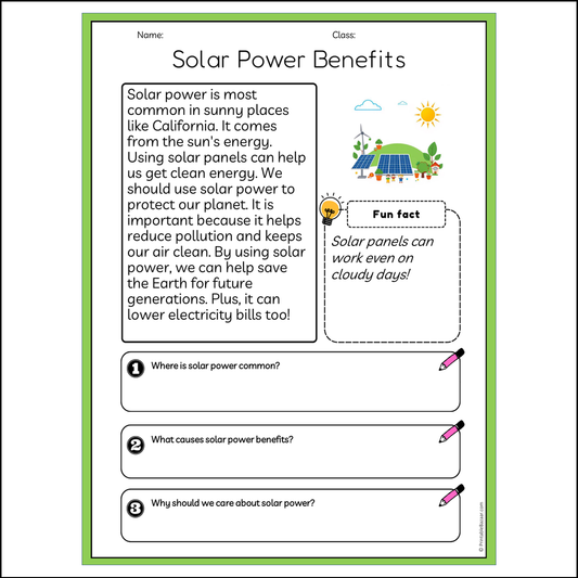 Solar Power Benefits | Reading Passage Comprehension Questions Writing Facts Worksheet