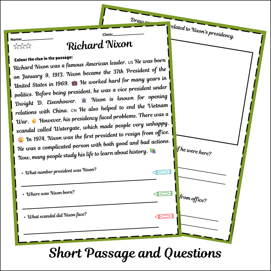 Richard Nixon | Short Reading Comprehension Creative Worksheet