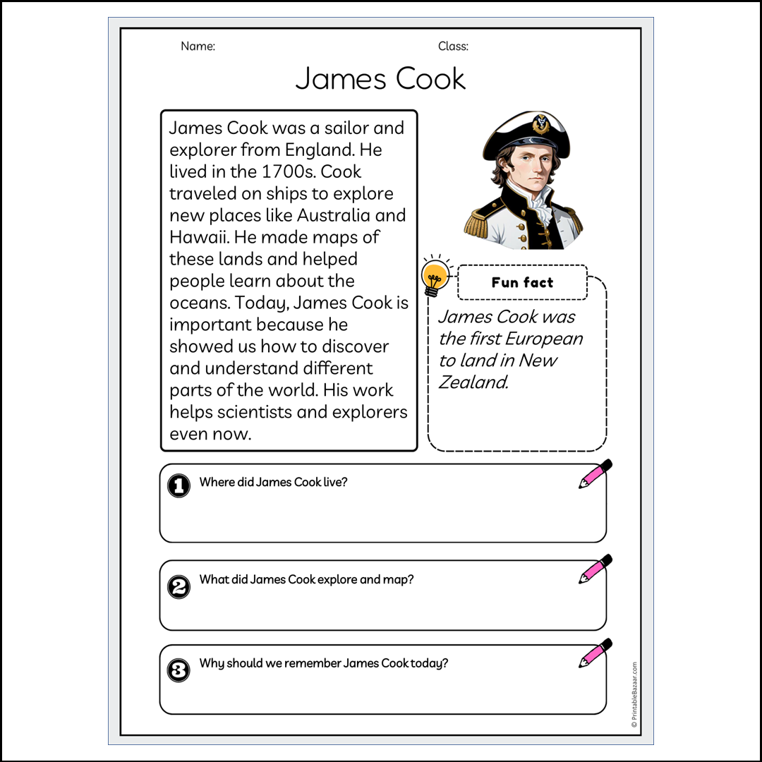 James Cook | Reading Passage Comprehension Questions Writing Facts Worksheet