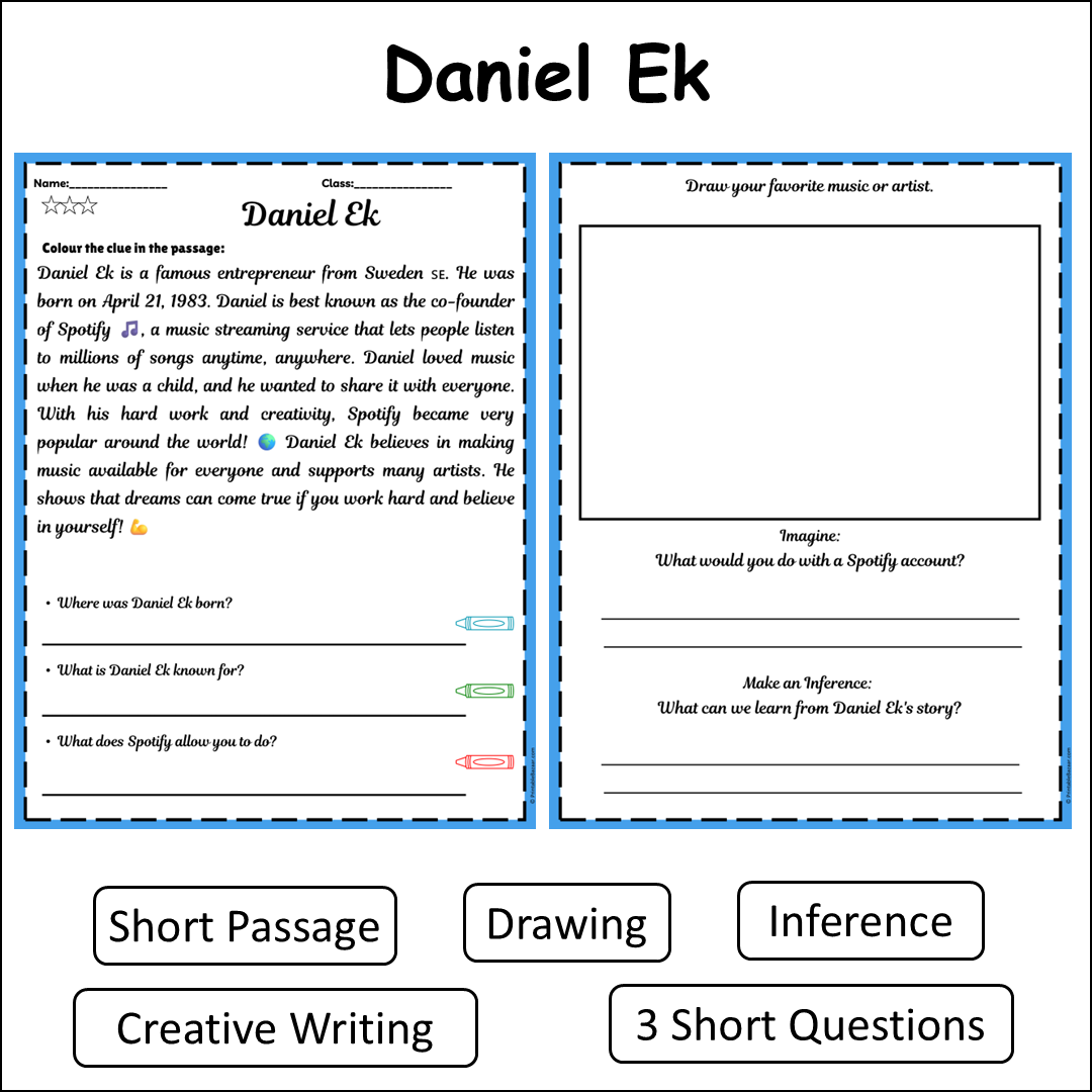 Daniel Ek | Short Reading Comprehension Creative Worksheet