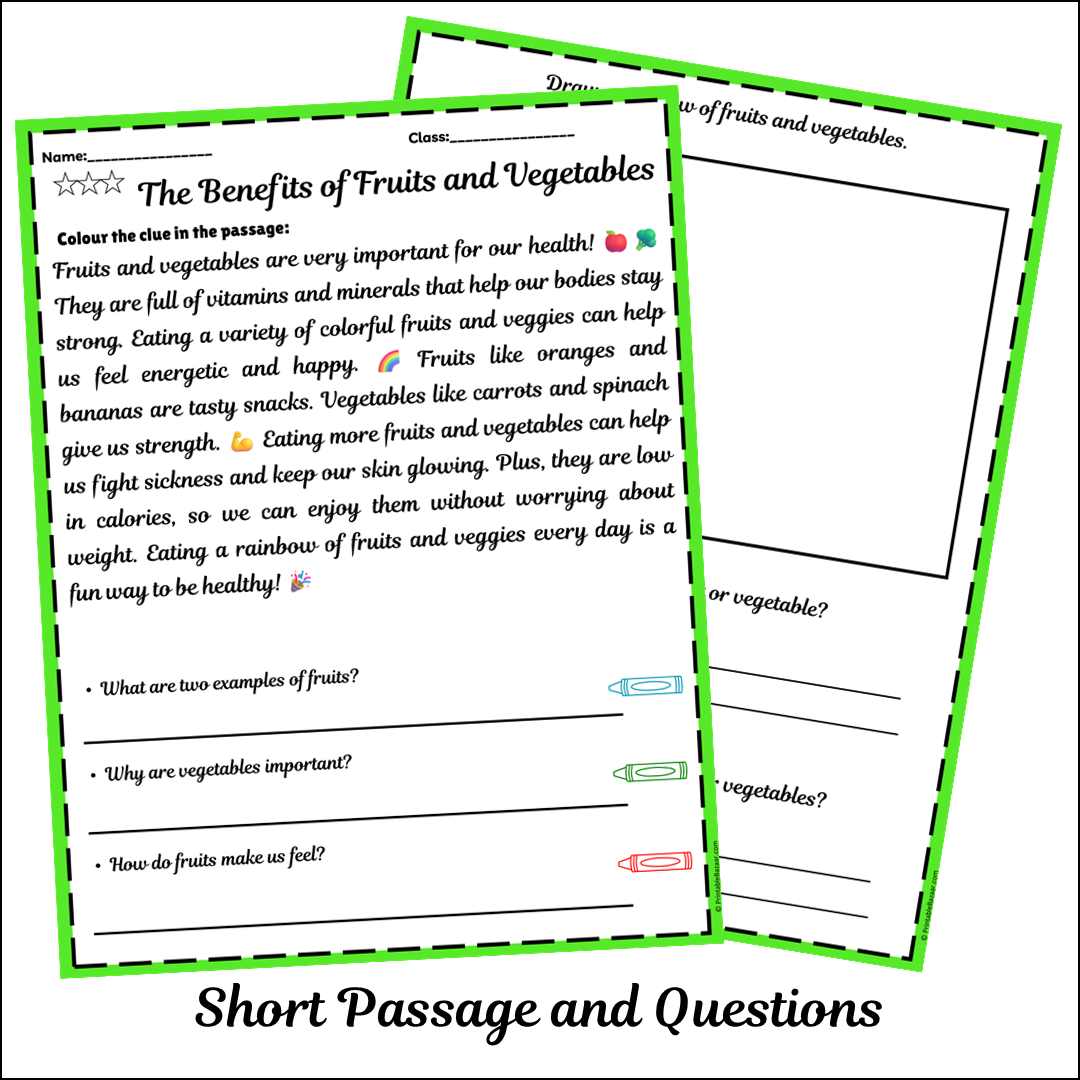 The Benefits of Fruits and Vegetables | Short Reading Comprehension Creative Worksheet