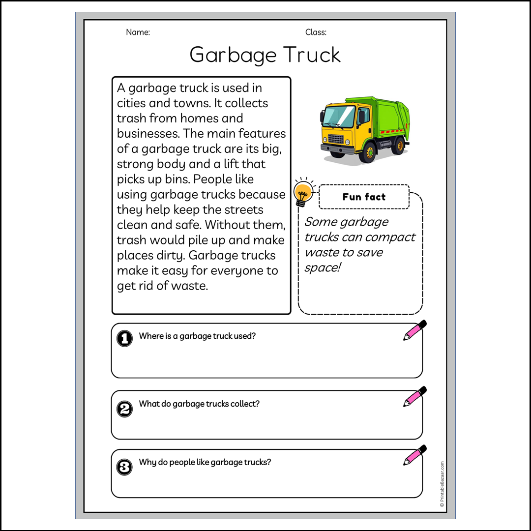 Garbage Truck | Reading Passage Comprehension Questions Writing Facts Worksheet