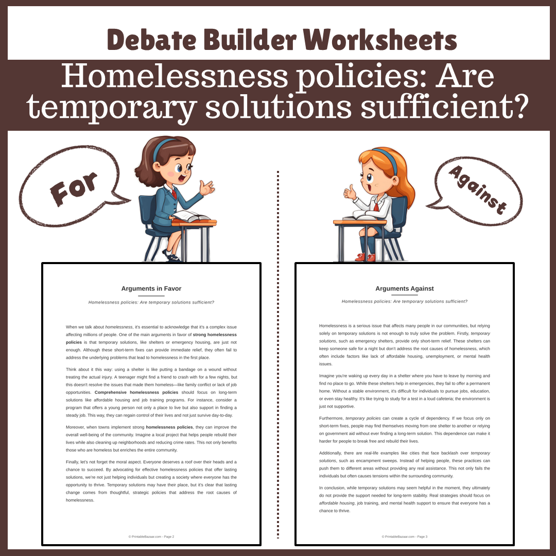 Homelessness policies: Are temporary solutions sufficient? | Favour and Against Worksheet Printable Activity