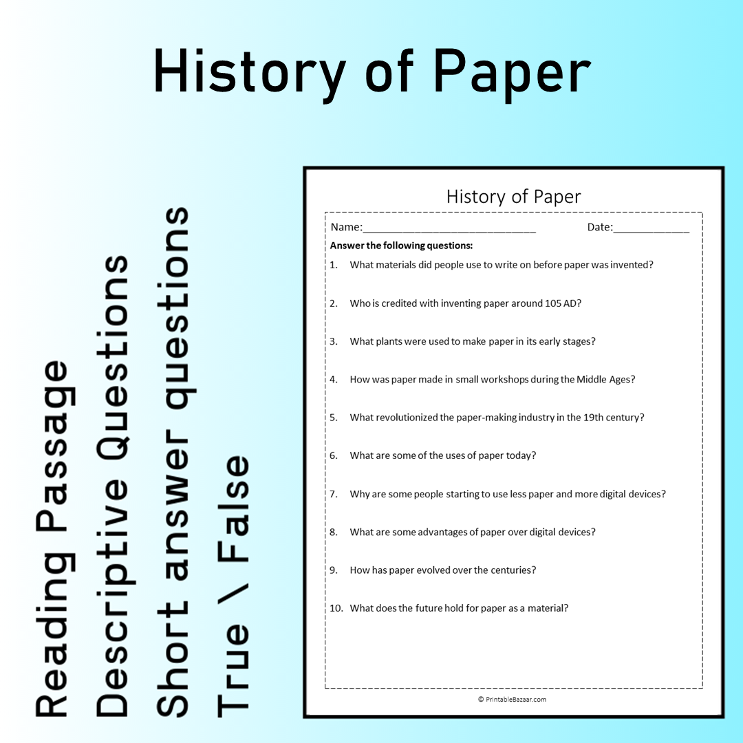 History of Paper | Reading Comprehension Passage Printable Worksheet
