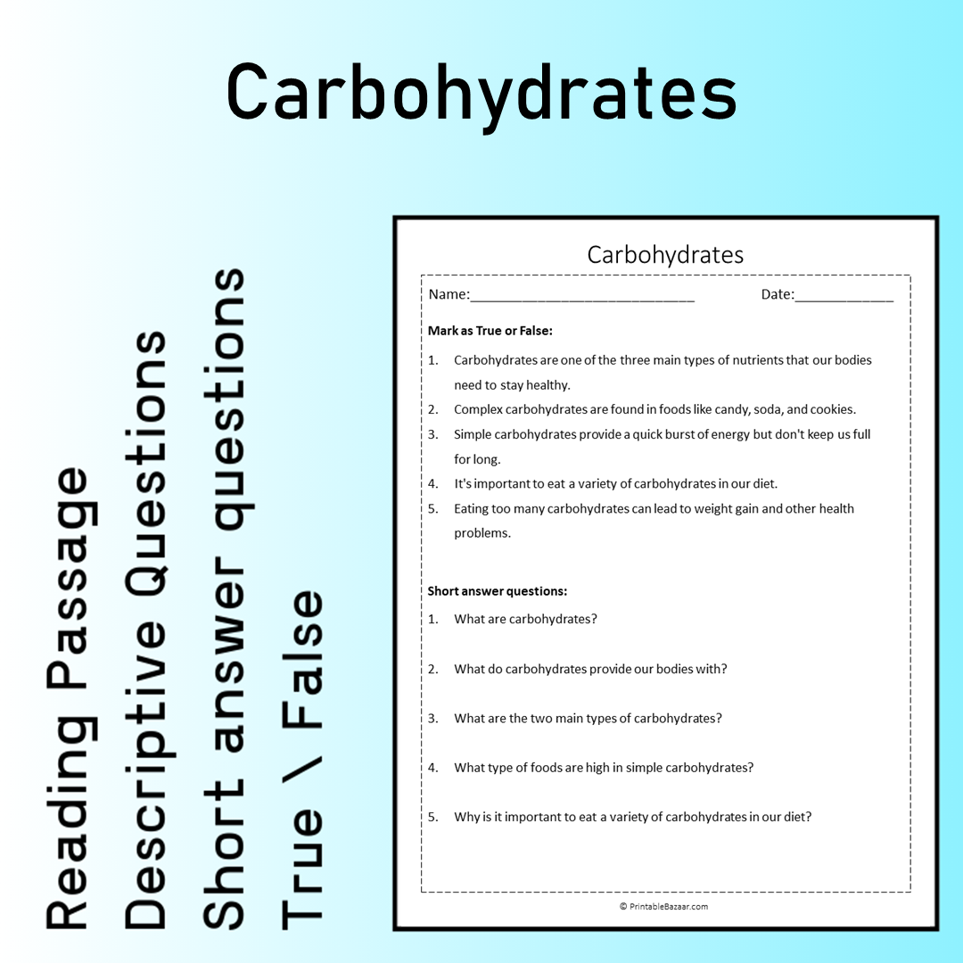 Carbohydrates | Reading Comprehension Passage Printable Worksheet
