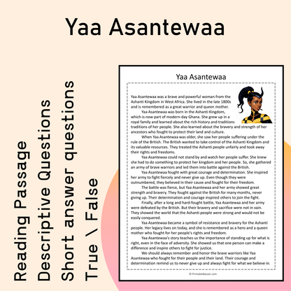 Yaa Asantewaa | Reading Comprehension Passage Printable Activity