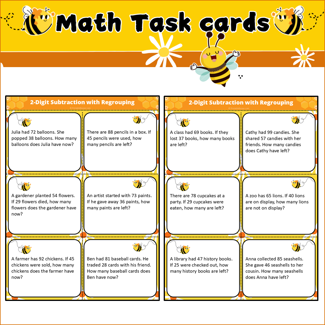 2-Digit Subtraction with Regrouping | Math Task Cards