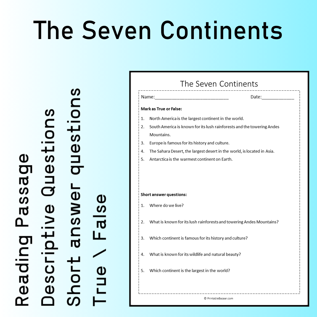 The Seven Continents | Reading Comprehension Passage Printable Worksheet