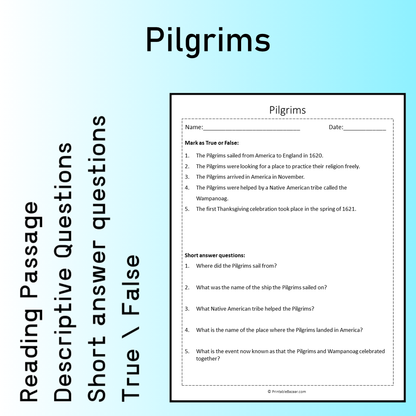 Pilgrims | Reading Comprehension Passage Printable Worksheet