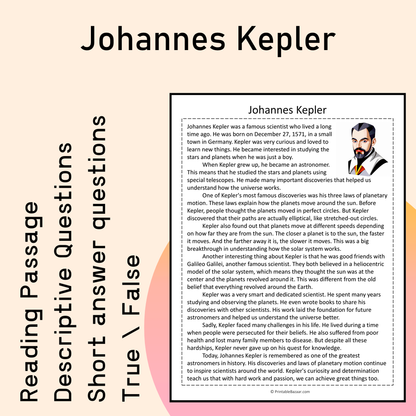 Johannes Kepler | Reading Comprehension Passage Printable Activity