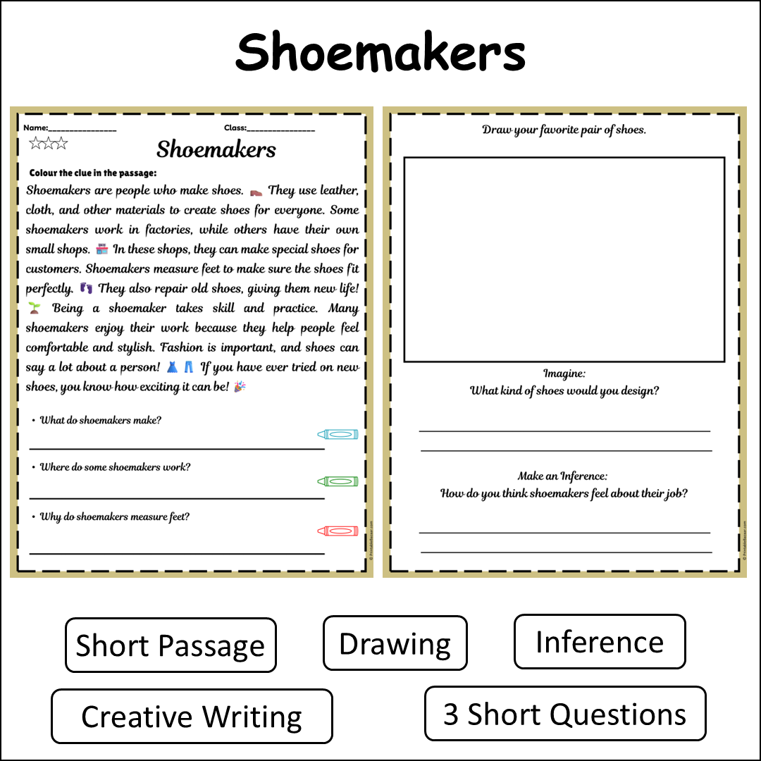 Shoemakers | Short Reading Comprehension Creative Worksheet