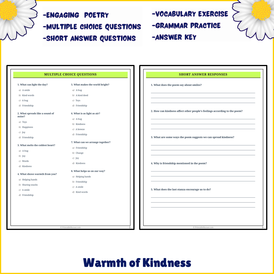 Warmth of Kindness | Poem Grammar Worksheet Printable Activity