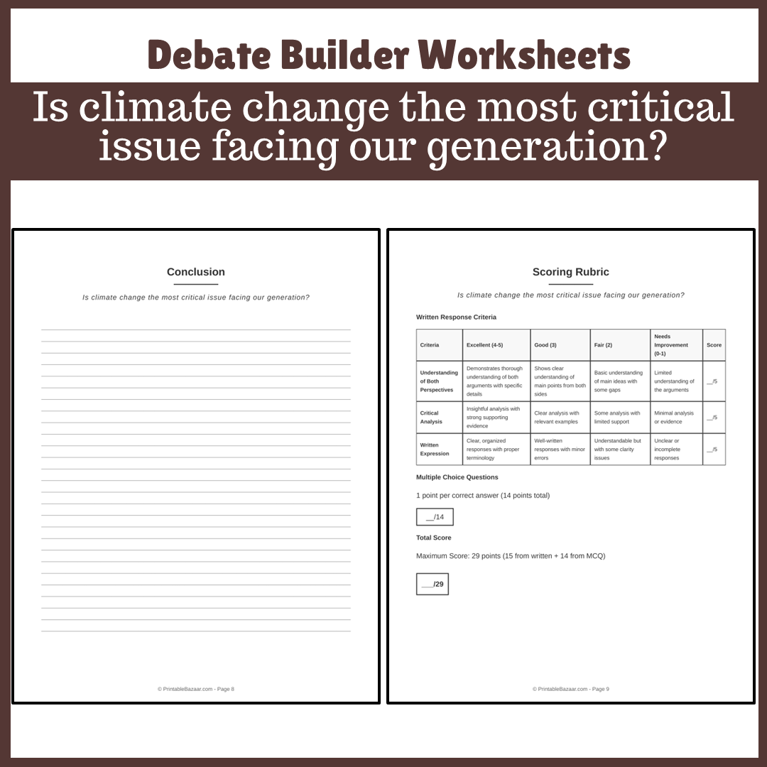 Is climate change the most critical issue facing our generation? | Favour and Against Worksheet Printable Activity