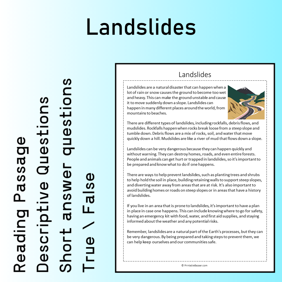 Landslides | Reading Comprehension Passage Printable Worksheet
