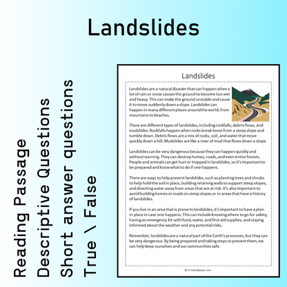 Landslides | Reading Comprehension Passage Printable Worksheet