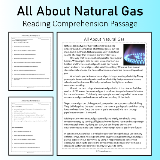 All About Natural Gas | Reading Comprehension Passage Printable Worksheet