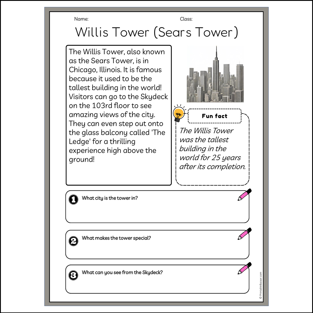 Willis Tower (Sears Tower) | Reading Passage Comprehension Questions Writing Facts Worksheet