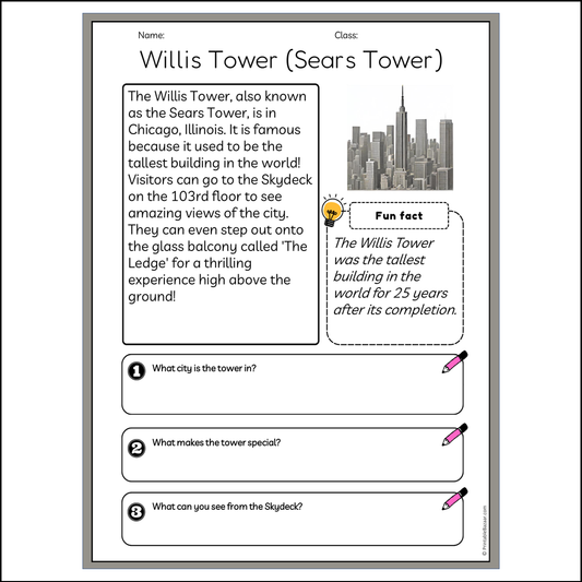 Willis Tower (Sears Tower) | Reading Passage Comprehension Questions Writing Facts Worksheet