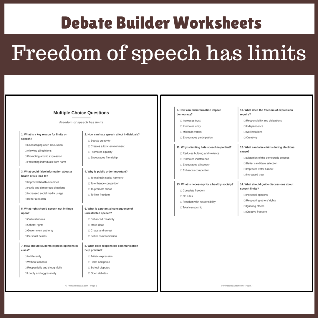 Freedom of speech has limits | Favour and Against Worksheet Printable Activity