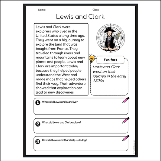 Lewis and Clark | Reading Passage Comprehension Questions Writing Facts Worksheet