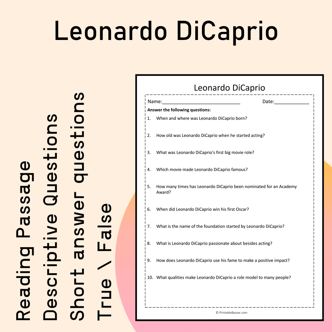 Leonardo DiCaprio | Reading Comprehension Passage Printable Activity