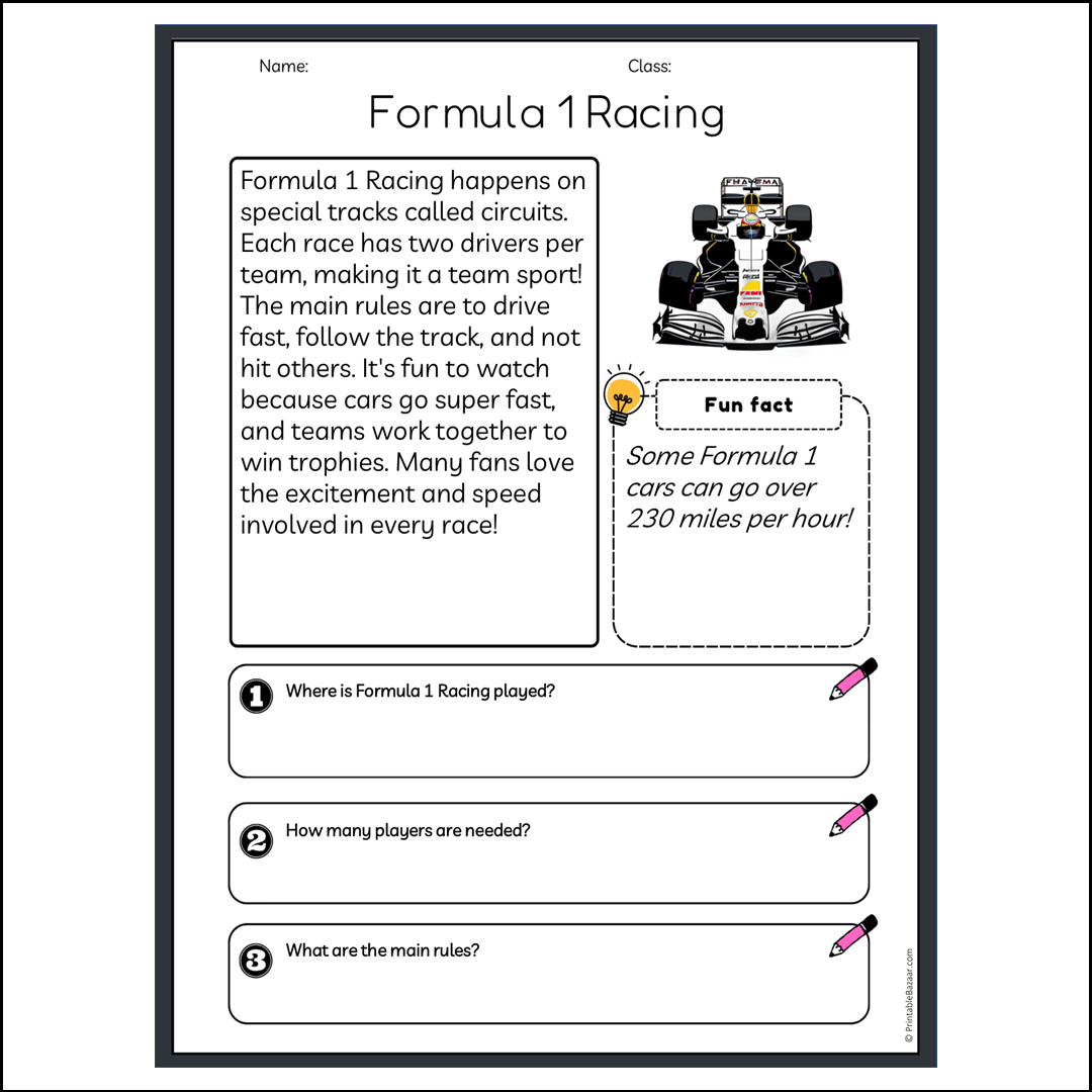 Formula 1 Racing | Reading Passage Comprehension Questions Writing Facts Worksheet