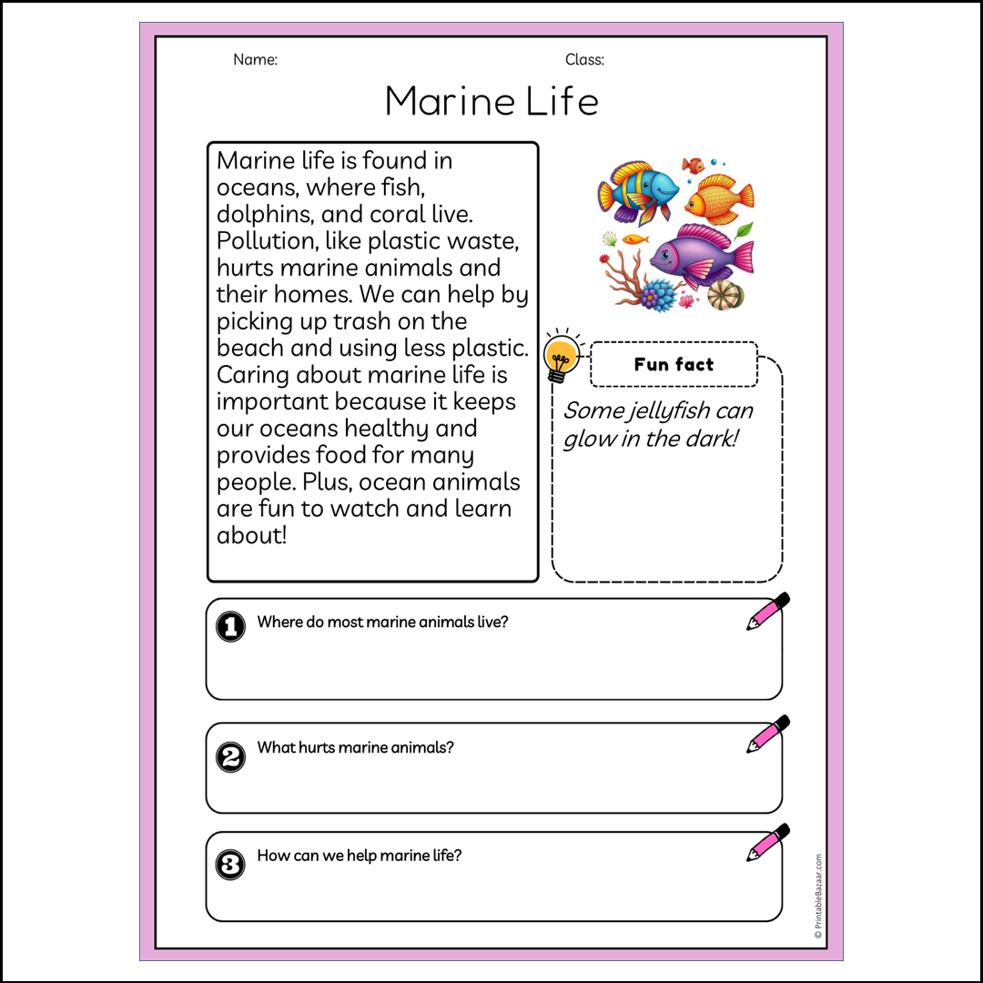 Marine Life | Reading Passage Comprehension Questions Writing Facts Worksheet