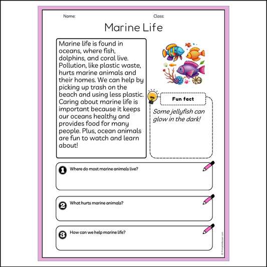 Marine Life | Reading Passage Comprehension Questions Writing Facts Worksheet