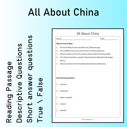 All About China | Reading Comprehension Passage Printable Worksheet