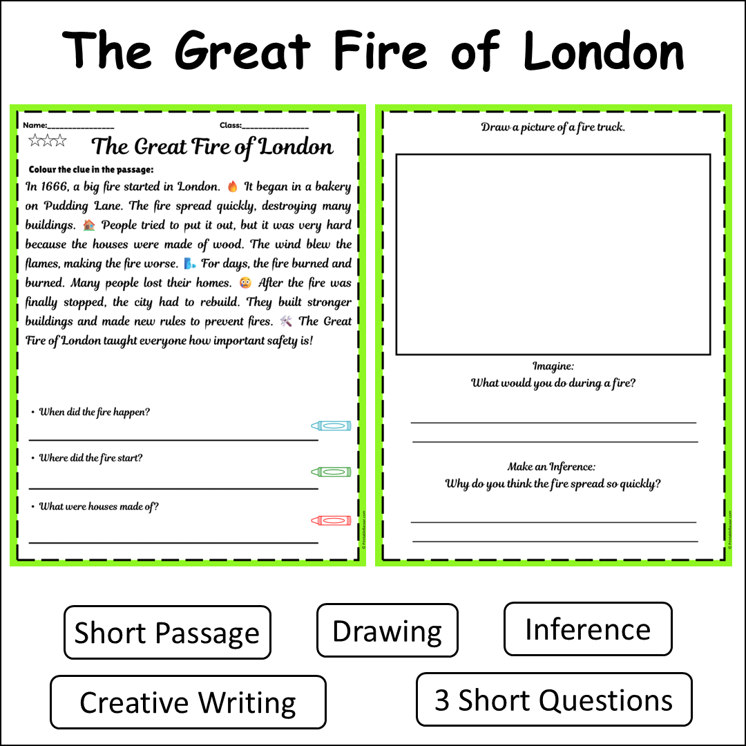 The Great Fire of London | Short Reading Comprehension Creative Worksheet