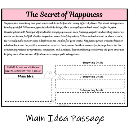 The Secret of Happiness | Main Idea and Supporting Details Reading Passage and Questions