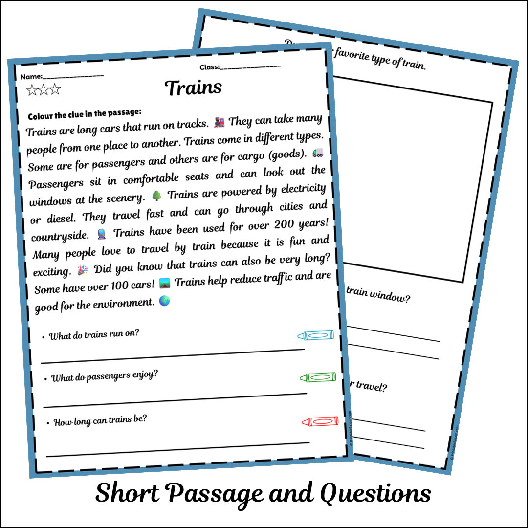 Trains | Short Reading Comprehension Creative Worksheet
