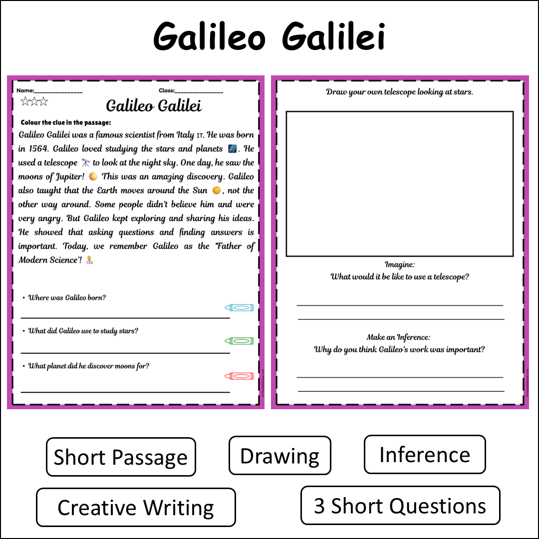 Galileo Galilei | Short Reading Comprehension Creative Worksheet