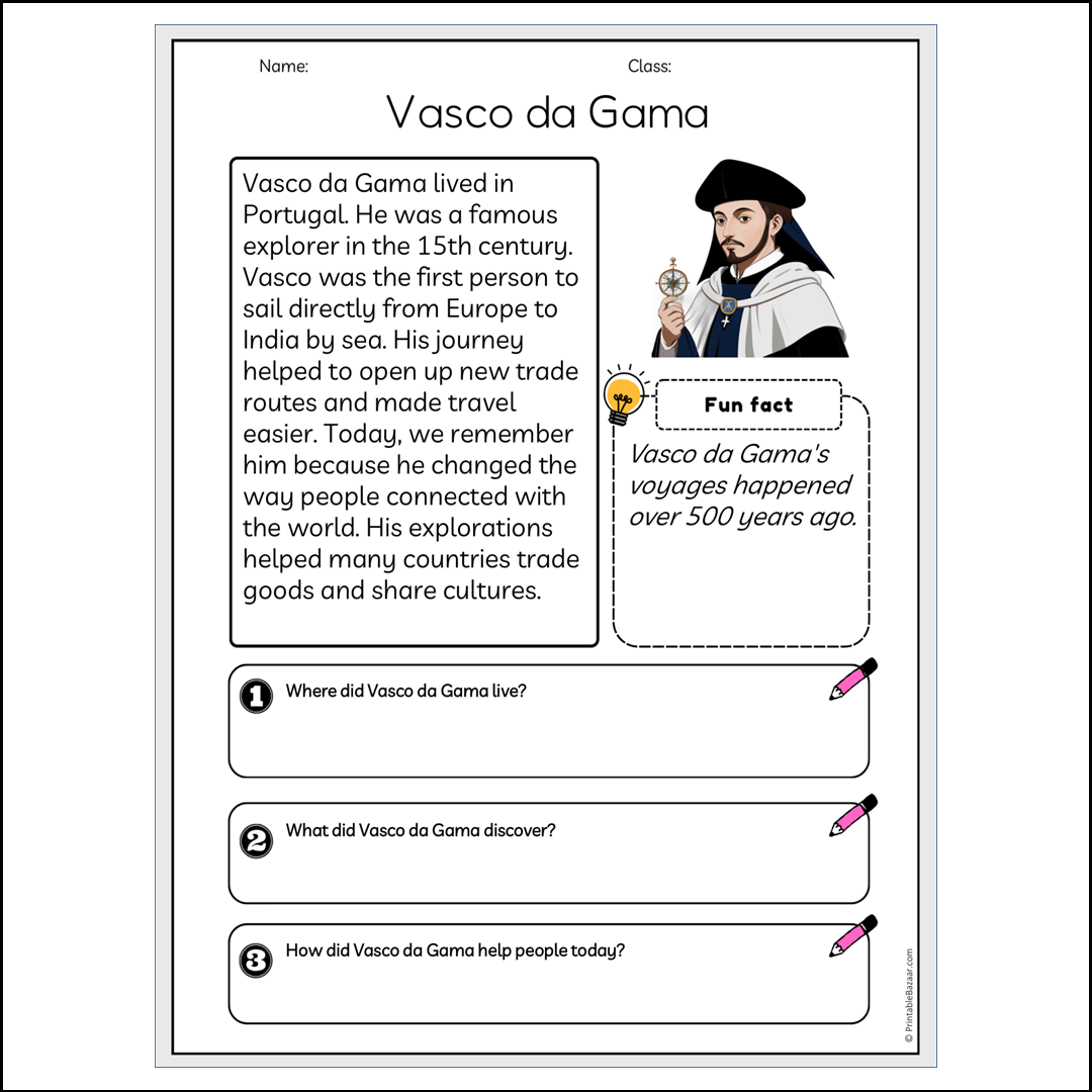 Vasco da Gama | Reading Passage Comprehension Questions Writing Facts Worksheet