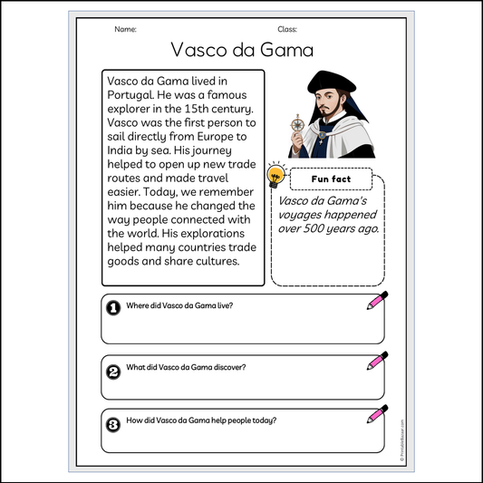 Vasco da Gama | Reading Passage Comprehension Questions Writing Facts Worksheet