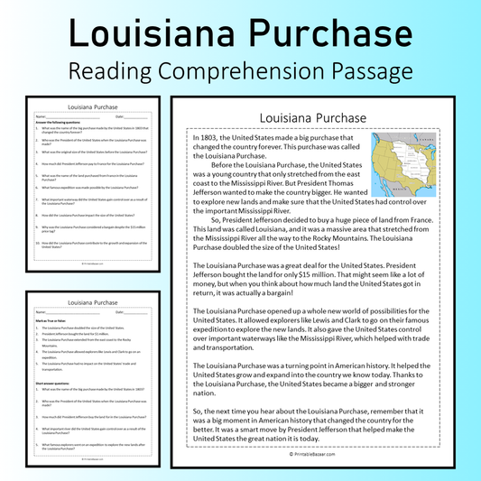 Louisiana Purchase | Reading Comprehension Passage Printable Worksheet