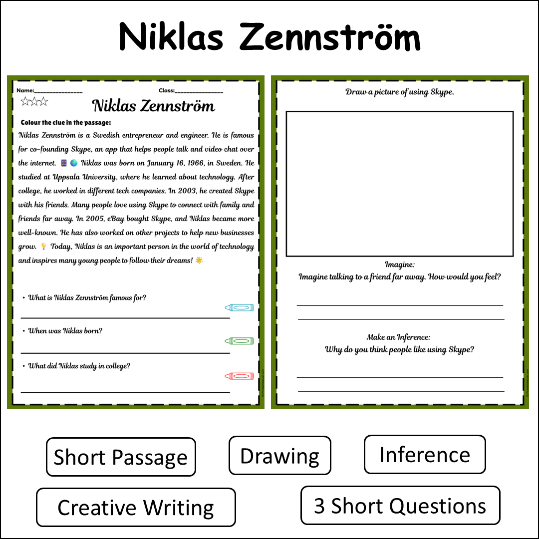 Niklas Zennström | Short Reading Comprehension Creative Worksheet