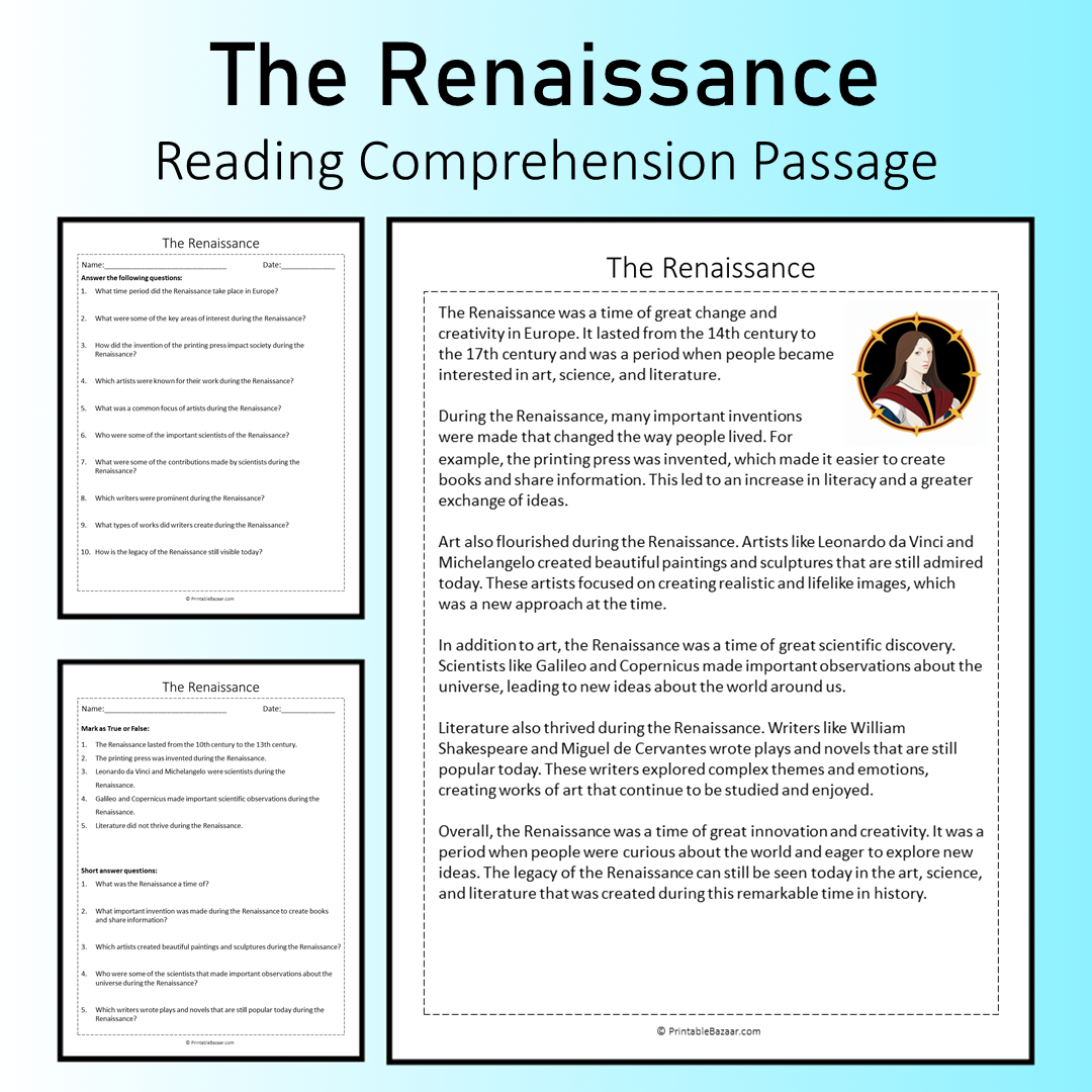 The Renaissance | Reading Comprehension Passage Printable Worksheet